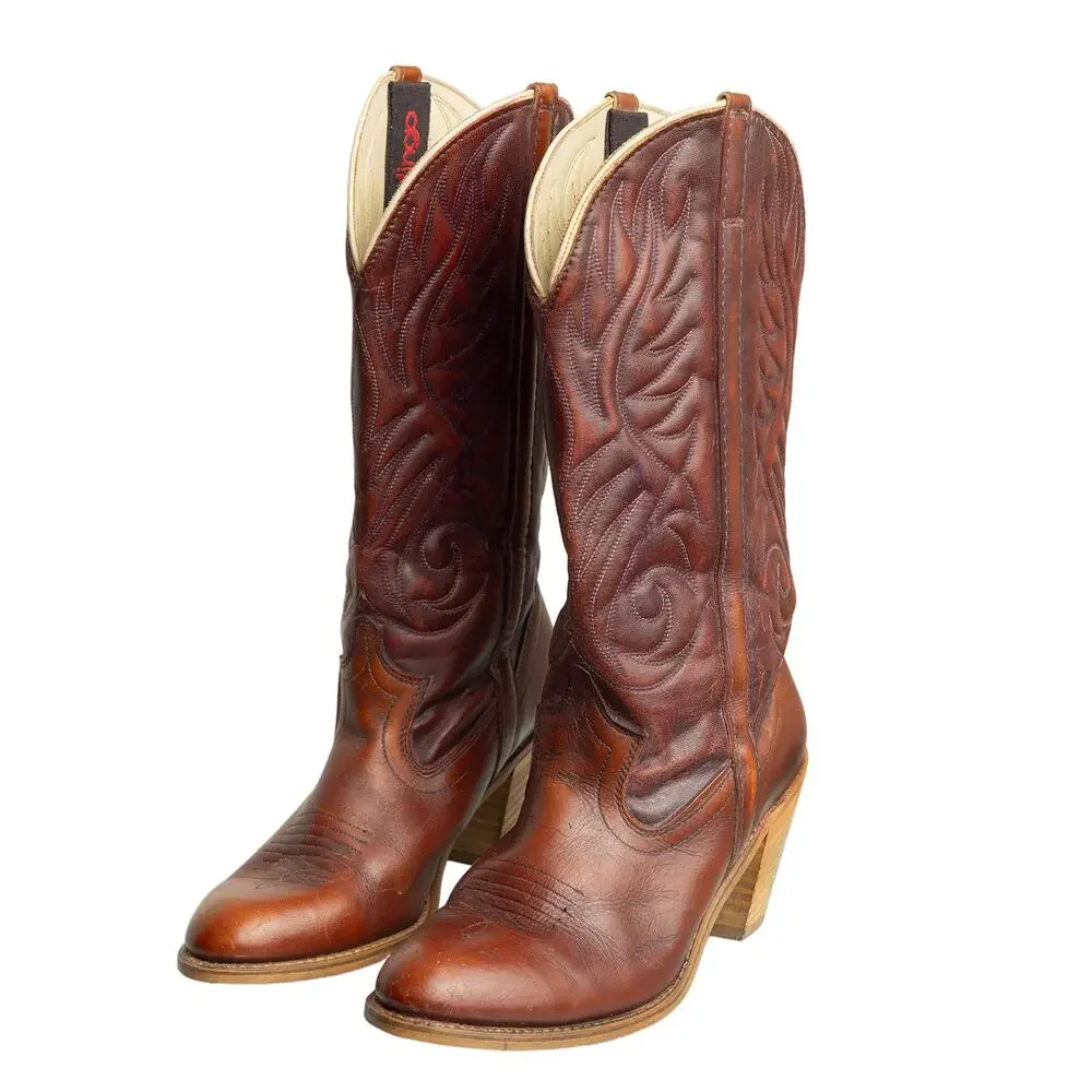 Women's Vintage 80s Dingo Stitched Cowboy Boots With Wooden Heels - Sz 8 - Picture 6 of 13
